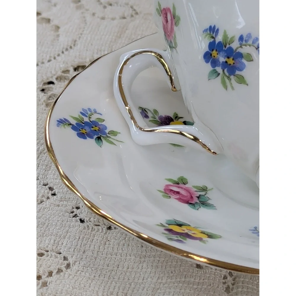 Vintage Tea Cup and Saucer Set White Floral Crown Staffordshire Gold